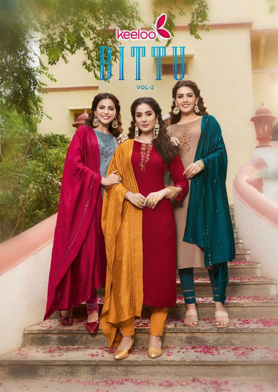 Keeloo-Bitu-2-Rayon-Chex -Dobby-Embroidery Work Kurti-With-Pant-and-Chanderi -Mirror-work-Dupatta-POSTER